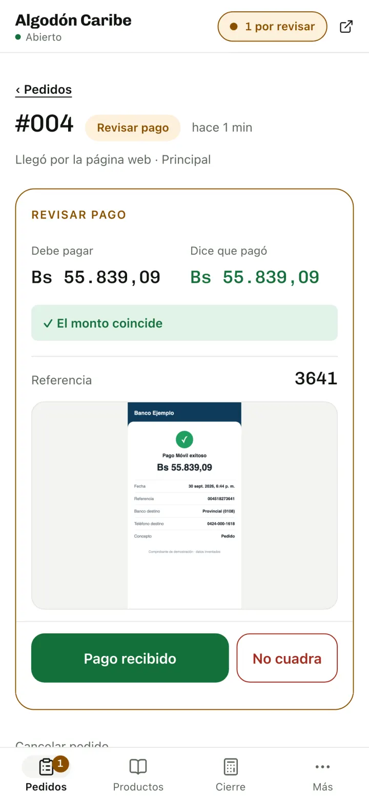 Revisar pago: lo que debe y lo que dice que pagó, uno al lado del otro, con la captura